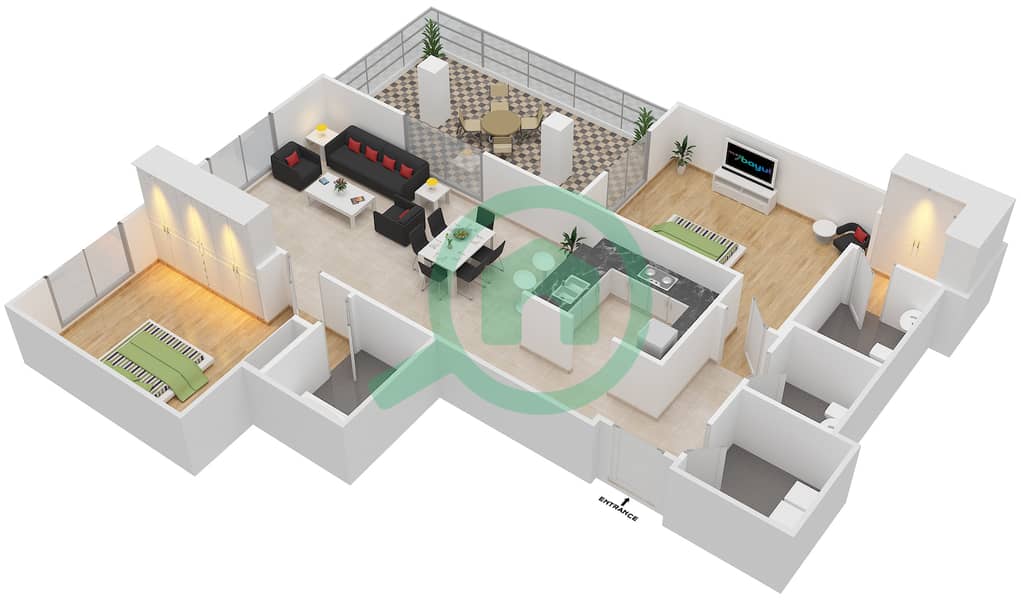 Арно Тауэр А - Апартамент 2 Cпальни планировка Гарнитур, анфилиада комнат, апартаменты, подходящий G10 Ground Floor interactive3D