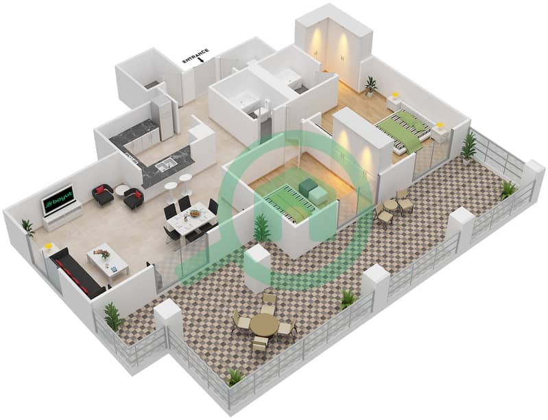 المخططات الطابقية لتصميم التصميم G09 شقة 2 غرفة نوم - برج ارنو A Ground Floor interactive3D