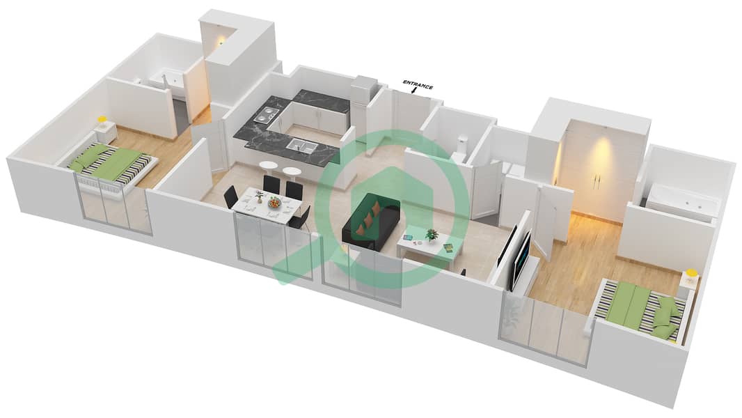 المخططات الطابقية لتصميم التصميم G03 شقة 2 غرفة نوم - برج ارنو A Ground Floor interactive3D
