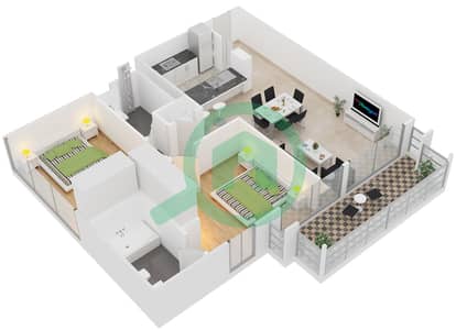المخططات الطابقية لتصميم الوحدة 11 شقة 2 غرفة نوم - مجمع الظفرة السكني