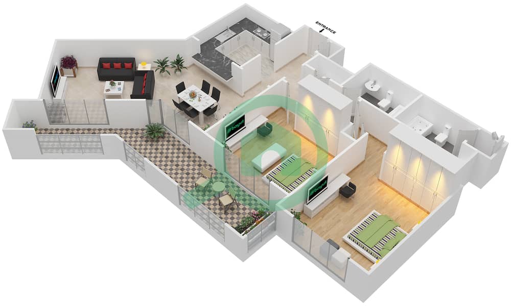 المخططات الطابقية لتصميم التصميم 1,18 FLOOR 2-10 شقة 2 غرفة نوم - موسيلا ووترسايد السكني Floor 2-10 interactive3D