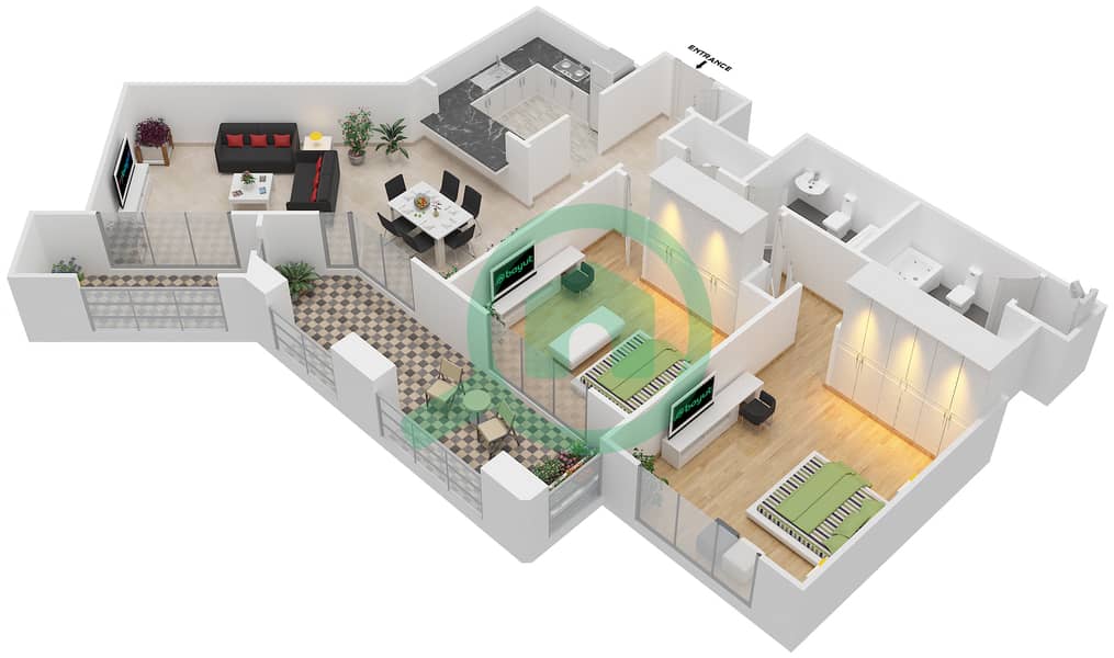 Мосела Вотерсайд Резиденсес - Апартамент 2 Cпальни планировка Гарнитур, анфилиада комнат, апартаменты, подходящий 1,18 FLOOR 11 Floor 11 interactive3D