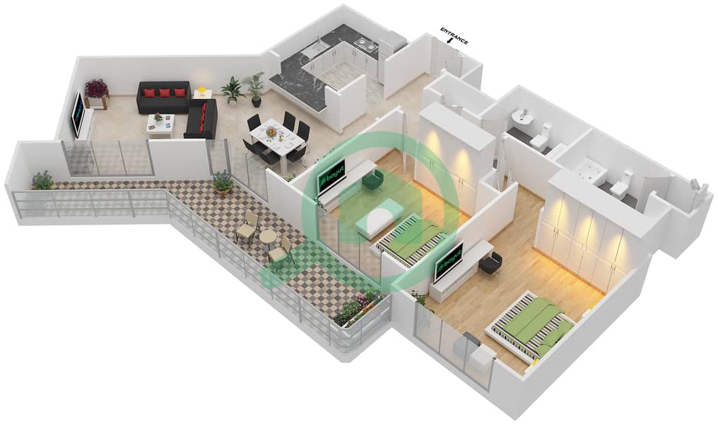 المخططات الطابقية لتصميم التصميم 1,18 FLOOR 18 شقة 2 غرفة نوم - موسيلا ووترسايد السكني Floor 18 interactive3D
