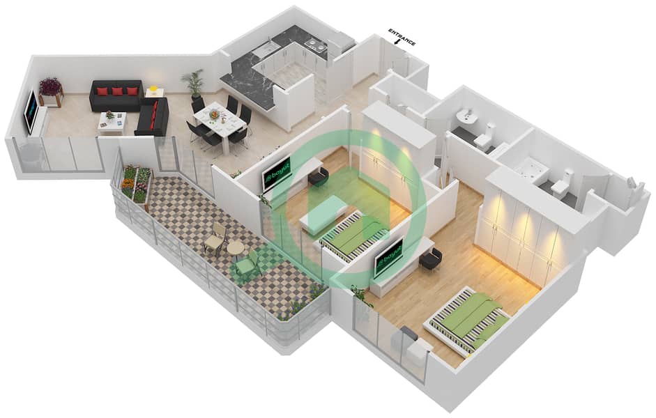 Мосела Вотерсайд Резиденсес - Апартамент 2 Cпальни планировка Гарнитур, анфилиада комнат, апартаменты, подходящий 1,18 FLOOR 19-24 Floor 19-24 interactive3D