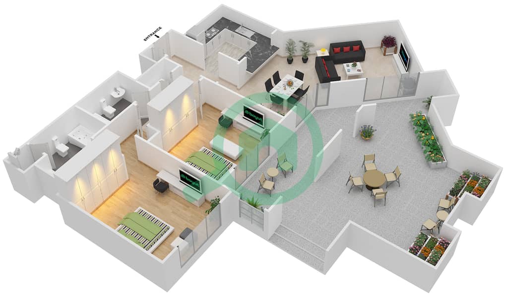 المخططات الطابقية لتصميم التصميم 1 FLOOR 1 شقة 2 غرفة نوم - موسيلا ووترسايد السكني Floor 1 interactive3D