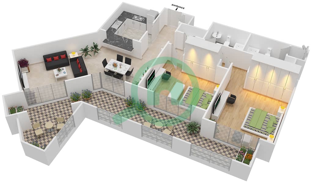 المخططات الطابقية لتصميم التصميم 18 FLOOR 1 شقة 2 غرفة نوم - موسيلا ووترسايد السكني Floor 1 interactive3D