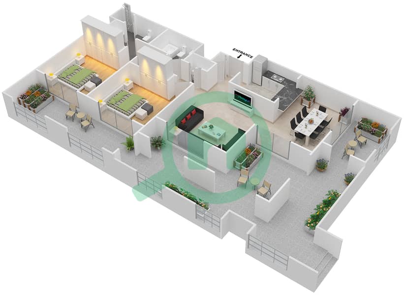 المخططات الطابقية لتصميم التصميم 16 FLOOR 1 شقة 2 غرفة نوم - موسيلا ووترسايد السكني Floor 1 interactive3D