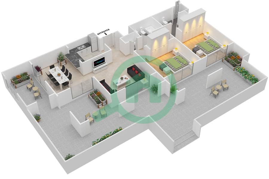 المخططات الطابقية لتصميم التصميم 15 FLOOR 1 شقة 2 غرفة نوم - موسيلا ووترسايد السكني Floor 1 interactive3D