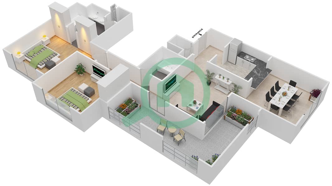 Мосела Вотерсайд Резиденсес - Апартамент 2 Cпальни планировка Гарнитур, анфилиада комнат, апартаменты, подходящий 4,15 FLOOR 13-16 Floor 13-16 interactive3D