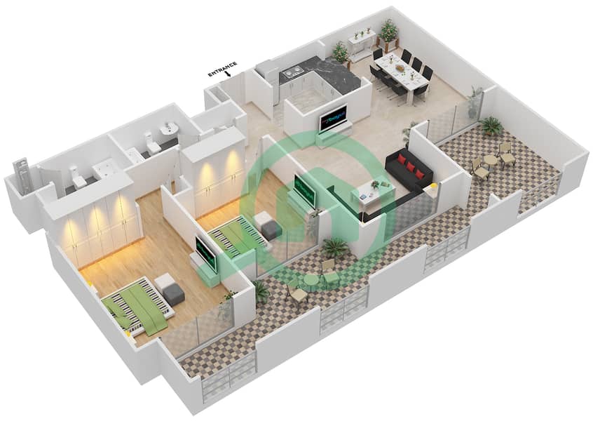 المخططات الطابقية لتصميم التصميم 17 FLOOR 1 شقة 2 غرفة نوم - موسيلا ووترسايد السكني Floor 1 interactive3D
