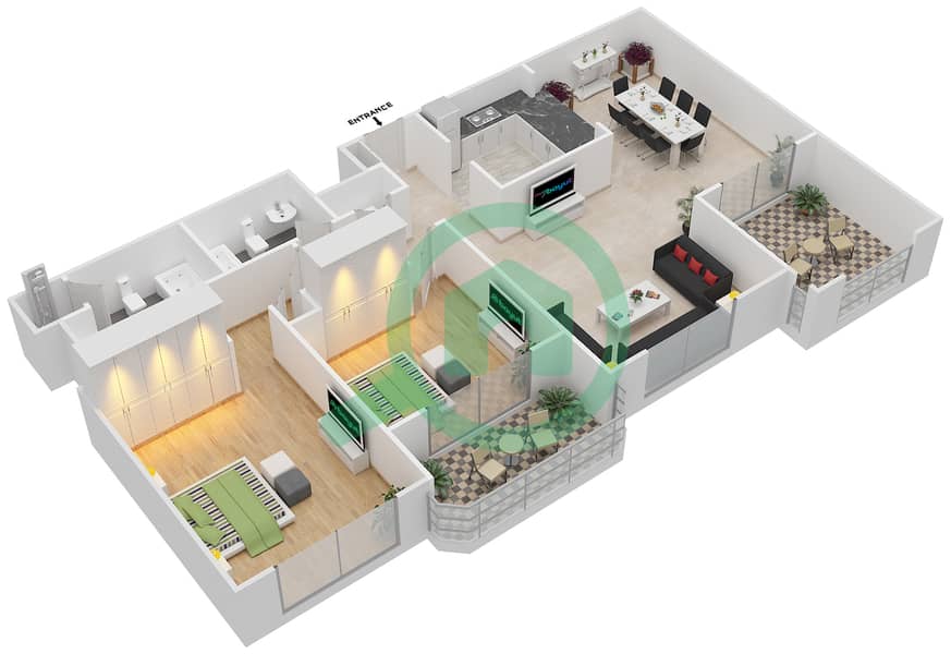 Мосела Вотерсайд Резиденсес - Апартамент 2 Cпальни планировка Гарнитур, анфилиада комнат, апартаменты, подходящий 2,17 FLOOR 5-10 Floor 5-10 interactive3D