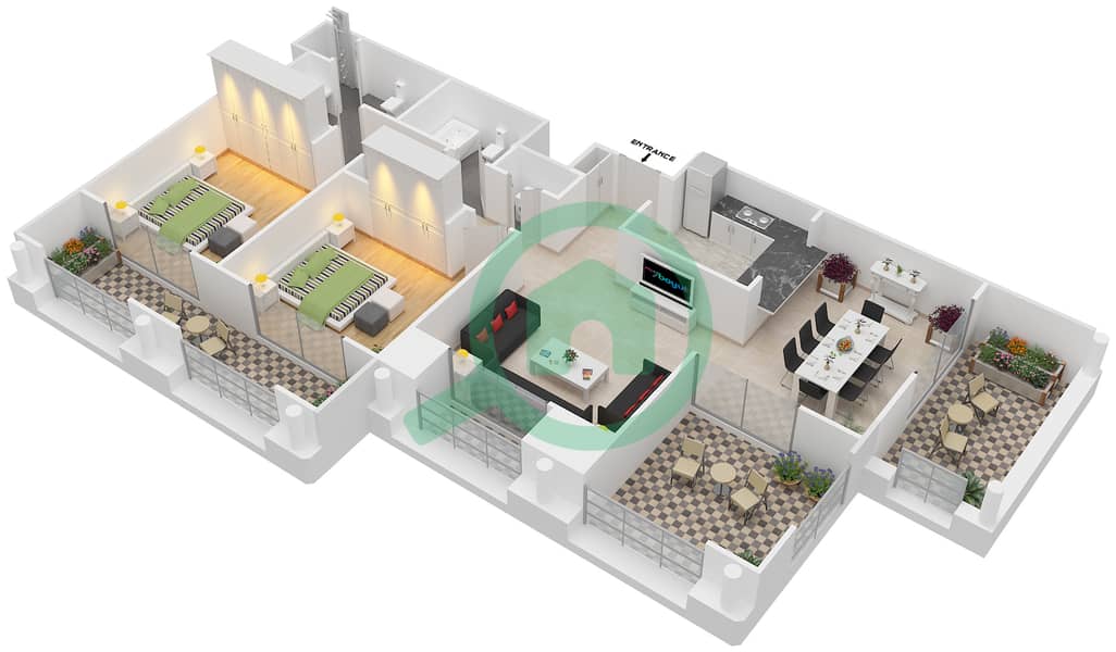المخططات الطابقية لتصميم التصميم 3,4,15,16 FLOOR 4 شقة 2 غرفة نوم - موسيلا ووترسايد السكني Floor 4 interactive3D