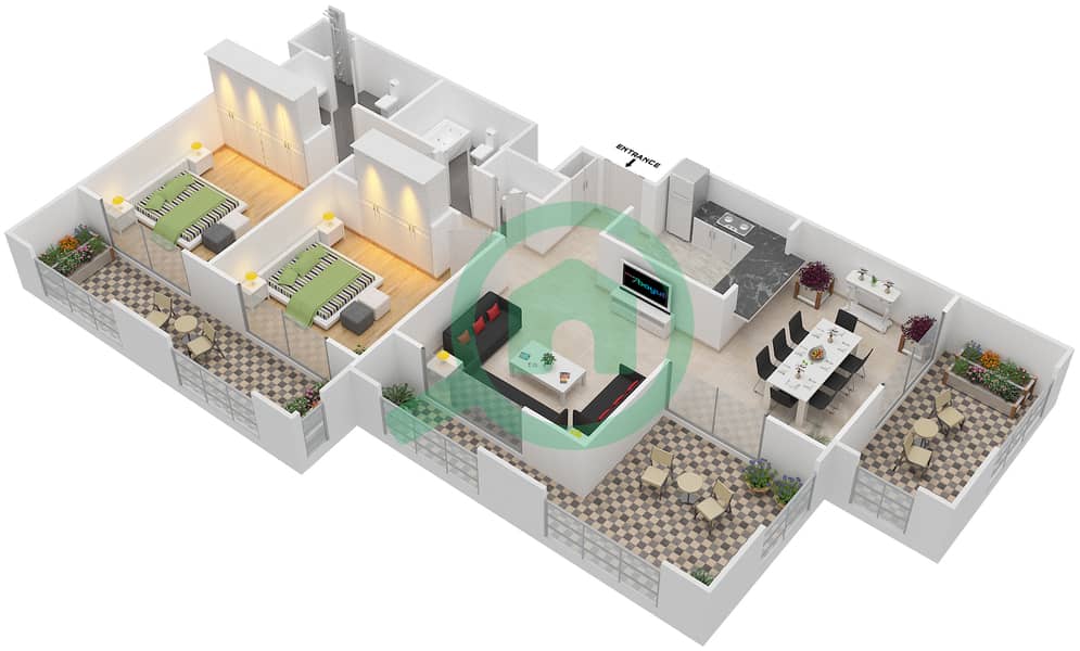 المخططات الطابقية لتصميم التصميم 3,4,15,16 FLOOR 2-3 شقة 2 غرفة نوم - موسيلا ووترسايد السكني Floor 2-3 interactive3D