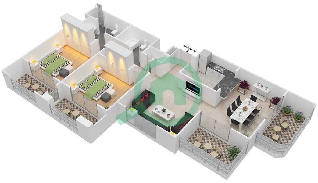 المخططات الطابقية لتصميم التصميم 3,4,15,16 FLOOR 8 شقة 2 غرفة نوم - موسيلا ووترسايد السكني Floor 8 interactive3D