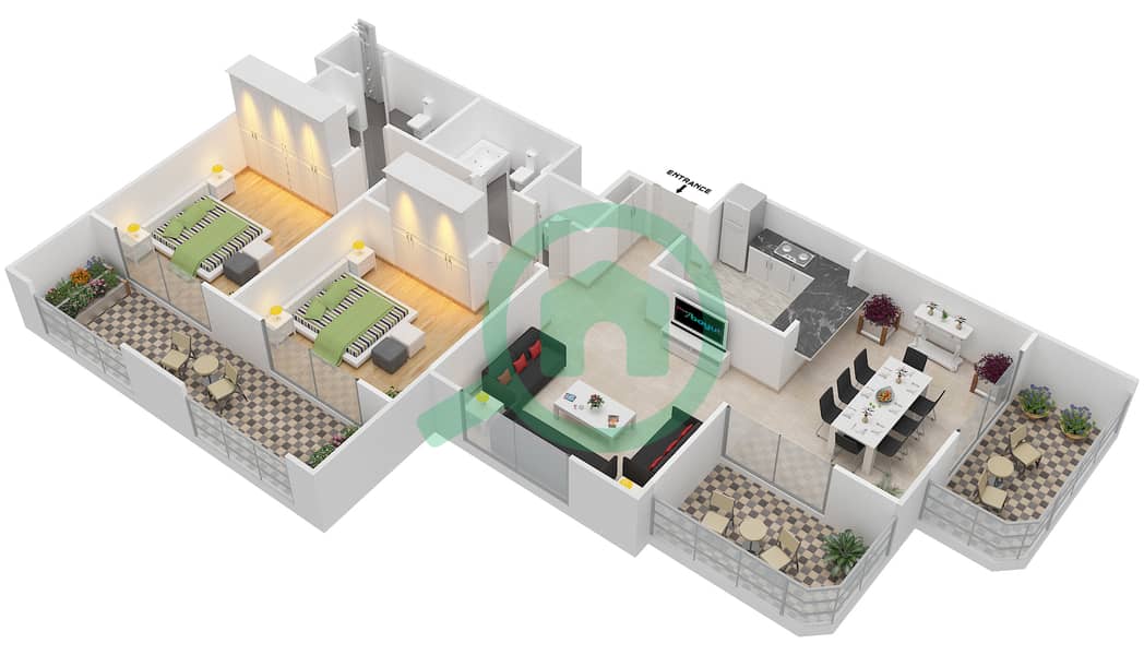 المخططات الطابقية لتصميم التصميم 3,4,15,16 FLOOR 6-7 شقة 2 غرفة نوم - موسيلا ووترسايد السكني Floor 6-7 interactive3D