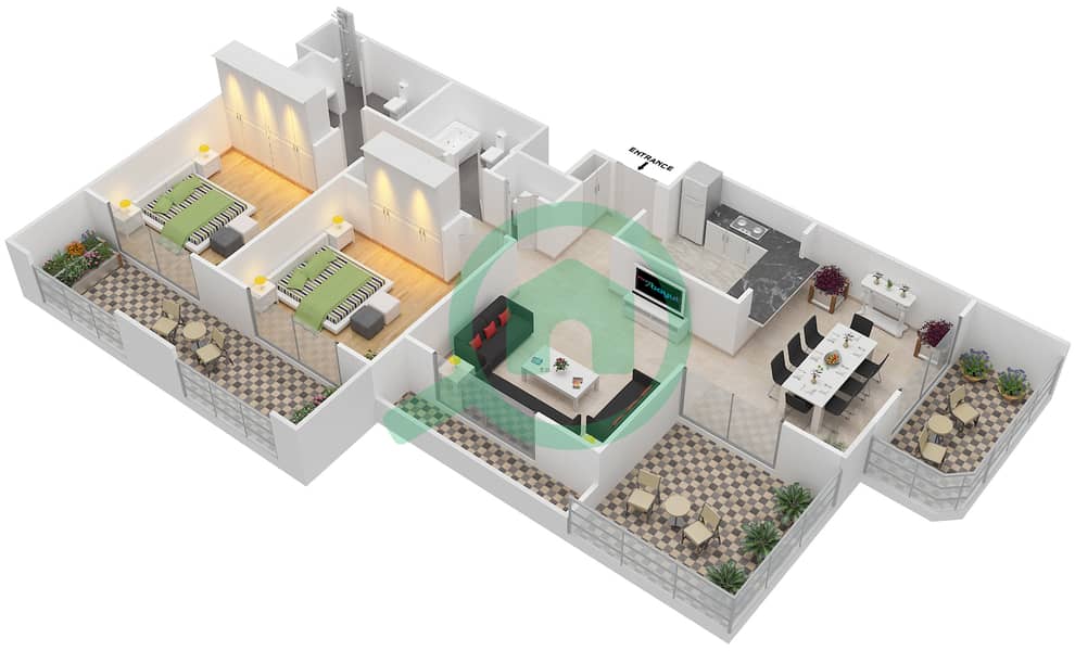 المخططات الطابقية لتصميم التصميم 3,4,15,16 FLOOR 5 شقة 2 غرفة نوم - موسيلا ووترسايد السكني Floor 5 interactive3D