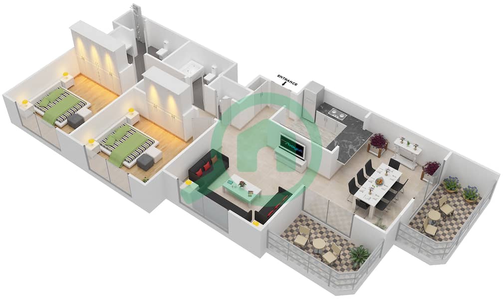 Мосела Вотерсайд Резиденсес - Апартамент 2 Cпальни планировка Гарнитур, анфилиада комнат, апартаменты, подходящий 3,4,15,16 FLOOR 10 Floor 10 interactive3D