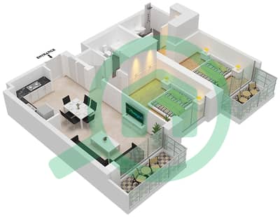 المخططات الطابقية لتصميم النموذج / الوحدة 1A/3 شقة 2 غرفة نوم - بيتش آيل