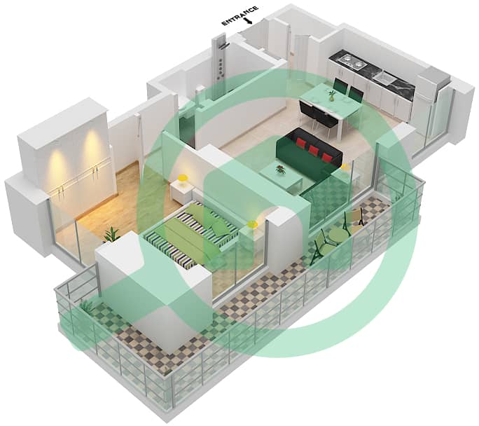 المخططات الطابقية لتصميم النموذج / الوحدة 1A/1 شقة 1 غرفة نوم - بيتش آيل Poduim 1,3 Floor 1 interactive3D