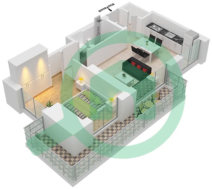 海滩岛公寓 - 1 卧室公寓类型／单位1/1戶型图 Podium 2,4 interactive3D