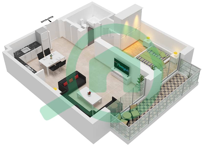 海滩岛公寓 - 1 卧室公寓类型／单位2/2戶型图 Podium 2,4 interactive3D