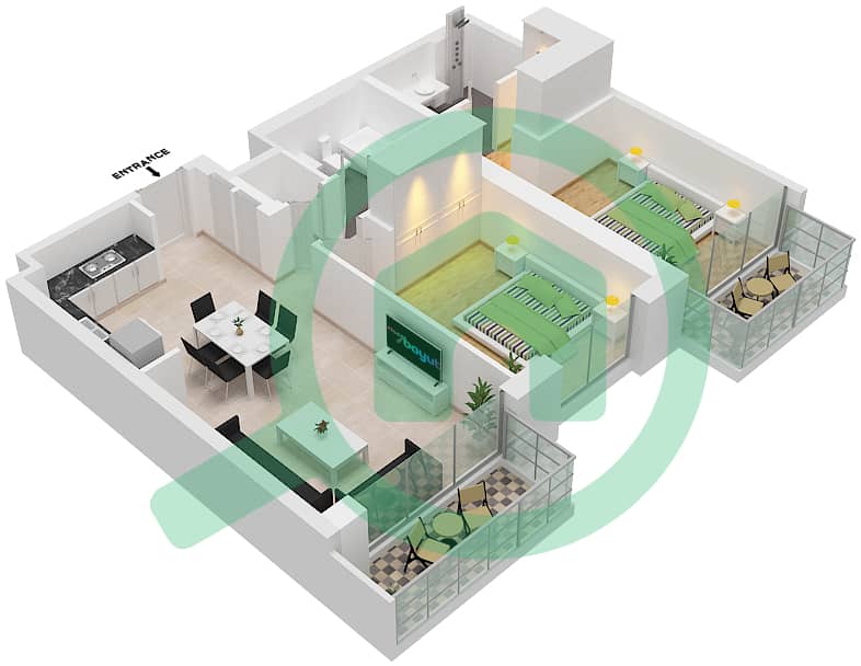 المخططات الطابقية لتصميم النموذج / الوحدة 1/3 شقة 2 غرفة نوم - بيتش آيل Podium 2,4 interactive3D