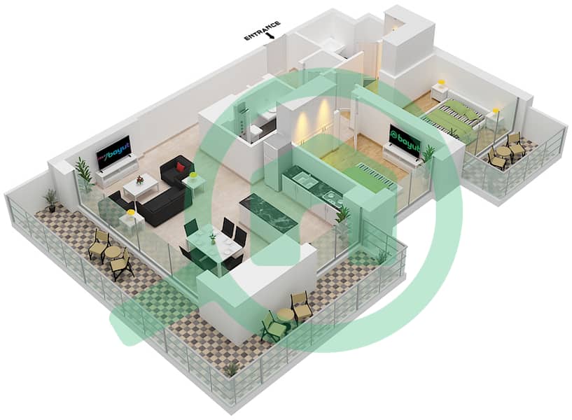 海滩岛公寓 - 2 卧室公寓类型／单位2B/4戶型图 Podium 2,4 interactive3D