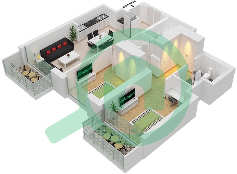 المخططات الطابقية لتصميم النموذج / الوحدة 3A/5 شقة 2 غرفة نوم - بيتش آيل Podium 2,4 interactive3D