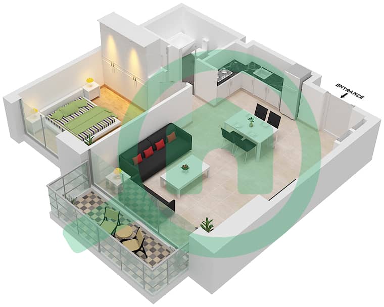 المخططات الطابقية لتصميم النموذج / الوحدة 3B/7 شقة 1 غرفة نوم - بيتش آيل Podium 2,4 interactive3D