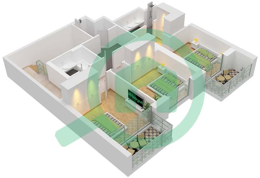 Бич Айл - Вилла 1 Спальня планировка Тип/мера 1/G1 Mezzanine Floor interactive3D