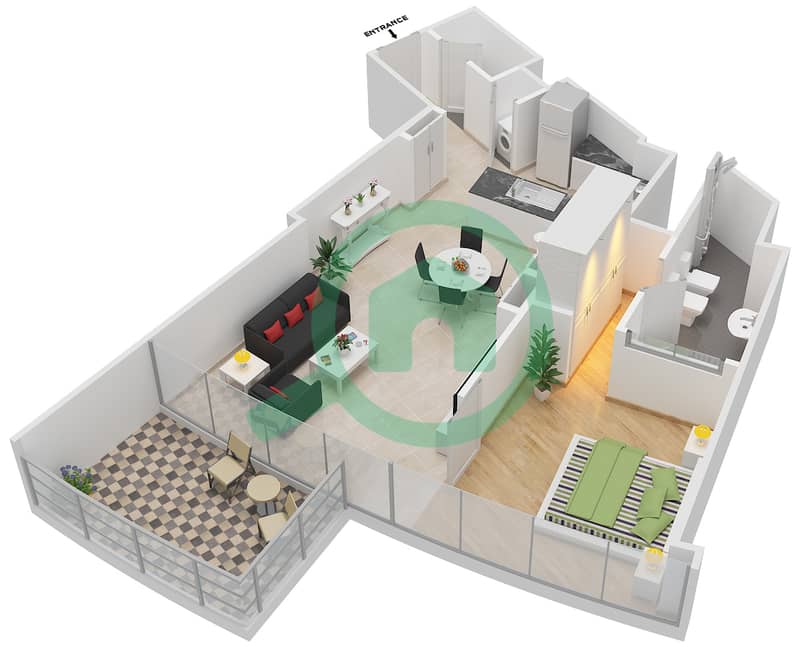المخططات الطابقية لتصميم النموذج C شقة 1 غرفة نوم - برج دي 1 interactive3D