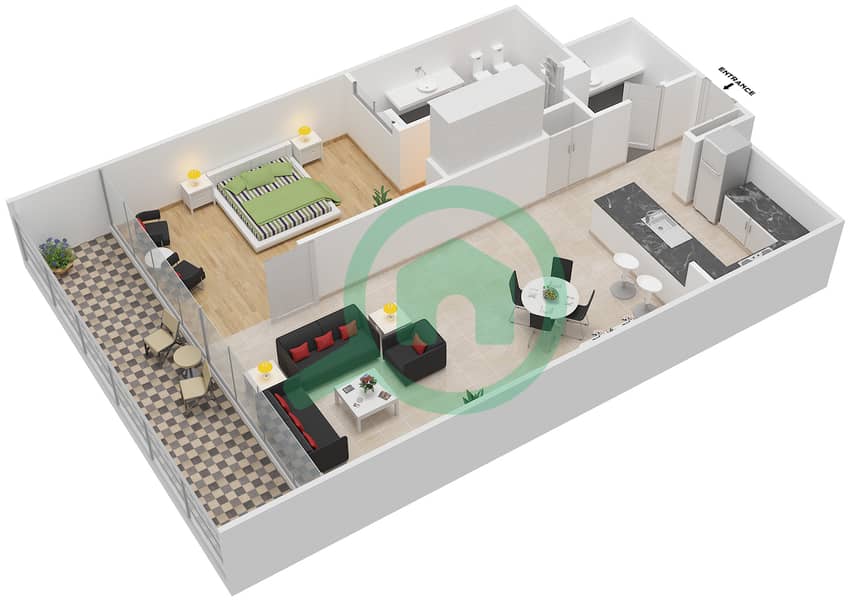 المخططات الطابقية لتصميم النموذج F شقة 1 غرفة نوم - برج دي 1 interactive3D