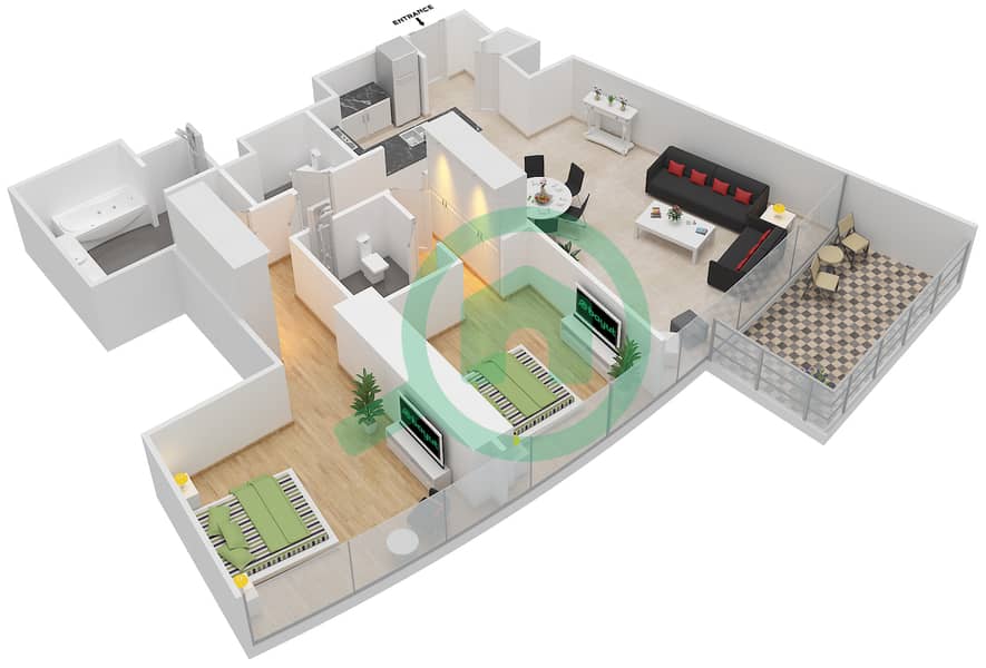 المخططات الطابقية لتصميم النموذج E شقة 2 غرفة نوم - برج دي 1 interactive3D