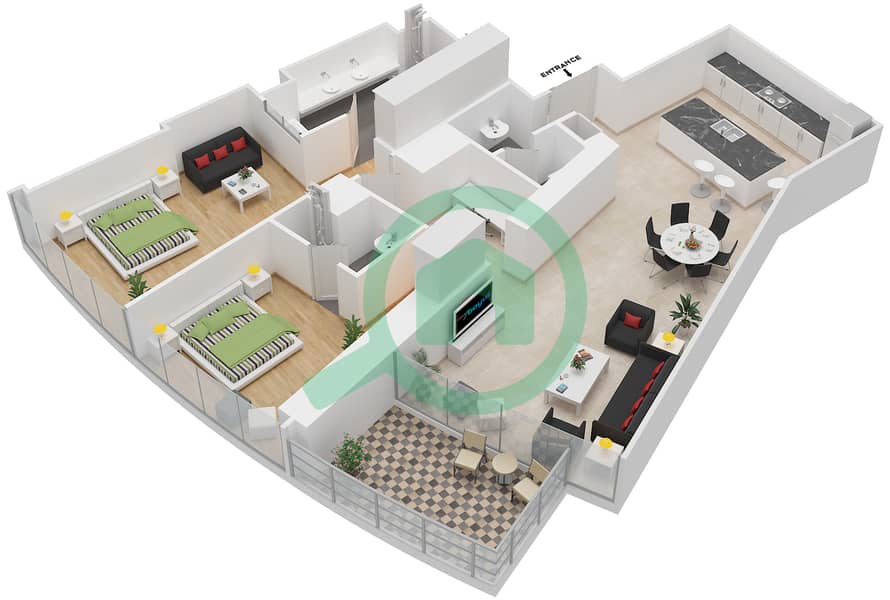 D1 Tower - 2 Bedroom Apartment Type H Floor plan interactive3D