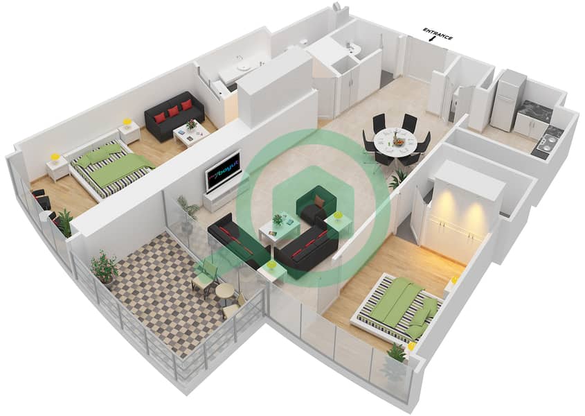 المخططات الطابقية لتصميم النموذج J شقة 2 غرفة نوم - برج دي 1 interactive3D