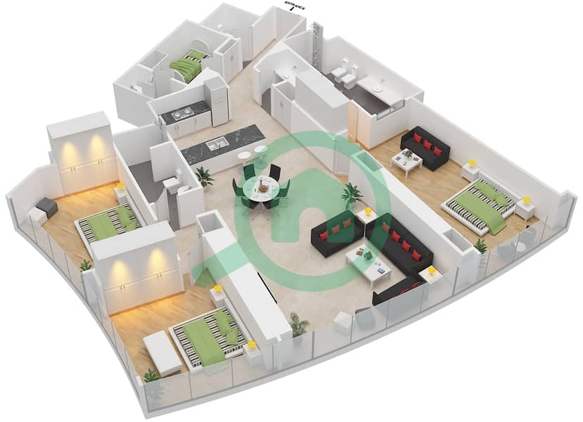 المخططات الطابقية لتصميم النموذج B شقة 3 غرف نوم - برج دي 1 interactive3D