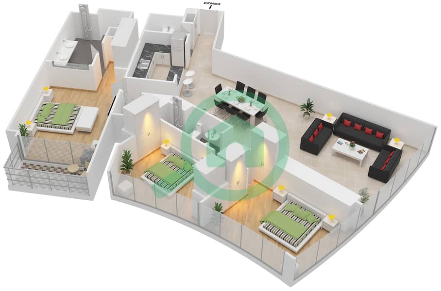 D1 Тауэр - Апартамент 3 Cпальни планировка Тип K interactive3D