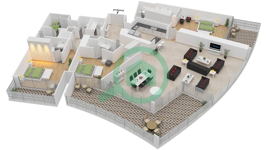 D1 Тауэр - Апартамент 3 Cпальни планировка Тип N interactive3D