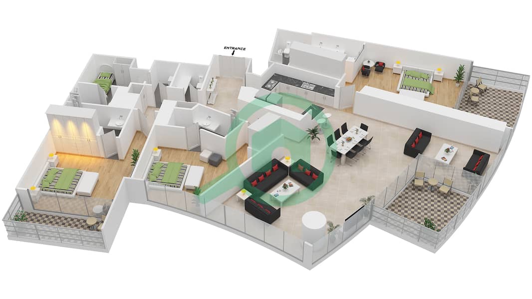 المخططات الطابقية لتصميم النموذج N1 شقة 3 غرف نوم - برج دي 1 interactive3D