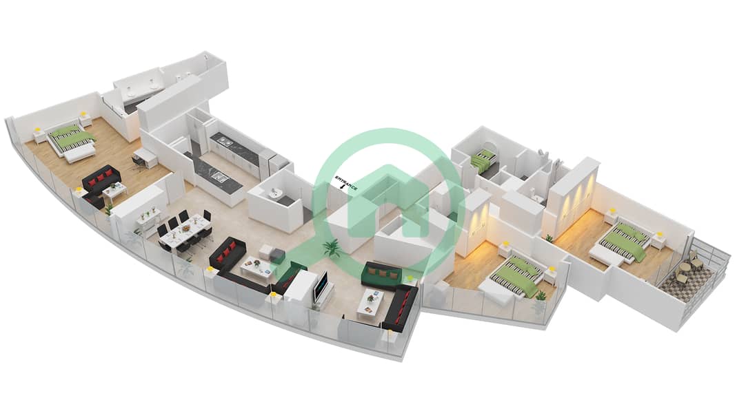 D1 Тауэр - Апартамент 3 Cпальни планировка Тип Q7 interactive3D
