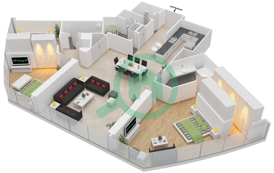 المخططات الطابقية لتصميم النموذج A شقة 3 غرف نوم - برج دي 1 interactive3D
