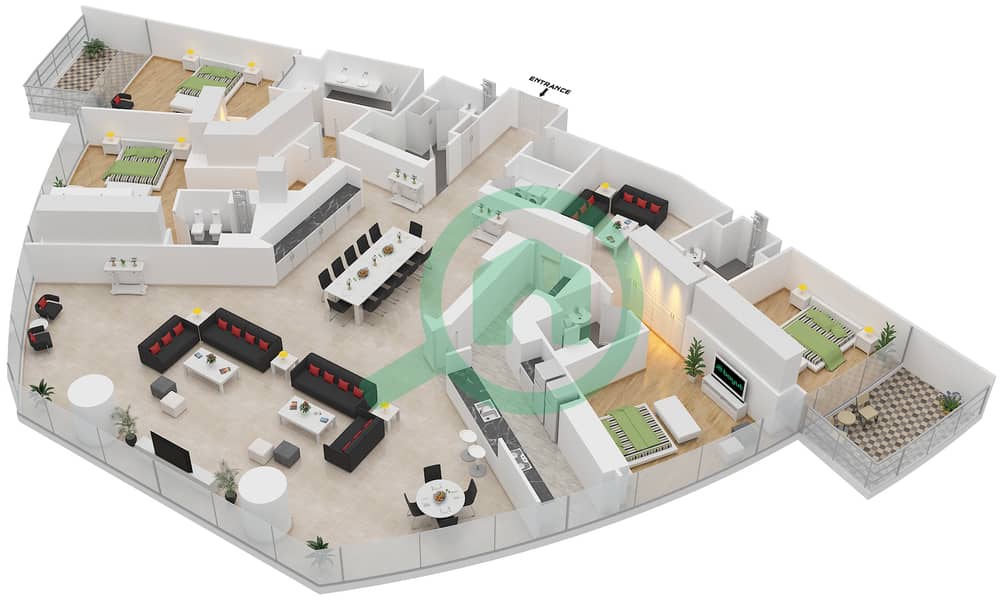 المخططات الطابقية لتصميم النموذج P شقة 4 غرف نوم - برج دي 1 interactive3D