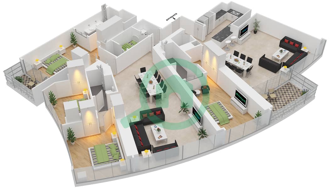 المخططات الطابقية لتصميم النموذج R8 شقة 4 غرف نوم - برج دي 1 interactive3D
