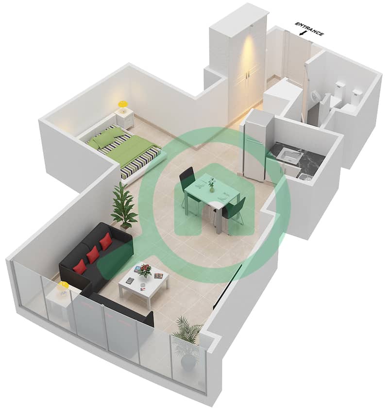 المخططات الطابقية لتصميم النموذج D شقة استوديو - برج دي 1 interactive3D