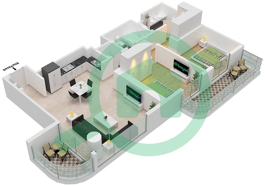 南海滩公寓 - 2 卧室公寓类型／单位2/3戶型图 Floor 2-27 interactive3D