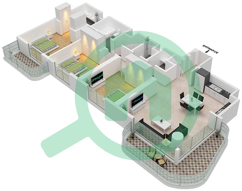 المخططات الطابقية لتصميم النموذج / الوحدة 1/3 شقة 3 غرف نوم - ساوث بيتش Floor P1-P6,2-27 interactive3D