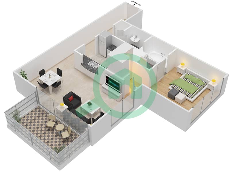 汇通东塔 - 1 卧室公寓单位7戶型图 interactive3D