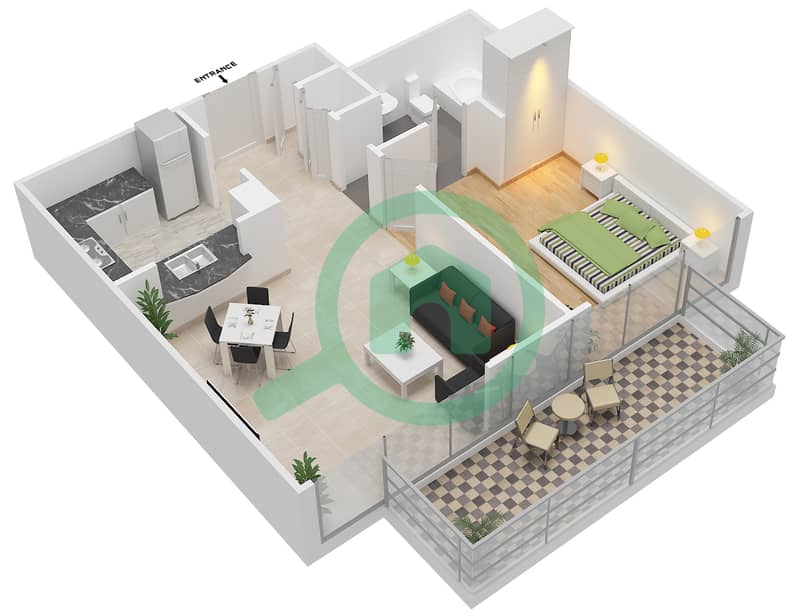 المخططات الطابقية لتصميم الوحدة 6 شقة 1 غرفة نوم - ذا لينكس البرج الشرقي interactive3D