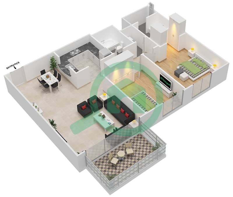 المخططات الطابقية لتصميم الوحدة 1 شقة 2 غرفة نوم - ذا لينكس البرج الشرقي interactive3D