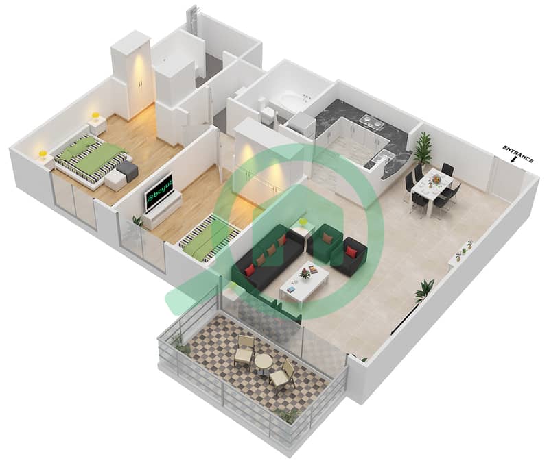 المخططات الطابقية لتصميم الوحدة 4 شقة 2 غرفة نوم - ذا لينكس البرج الشرقي interactive3D